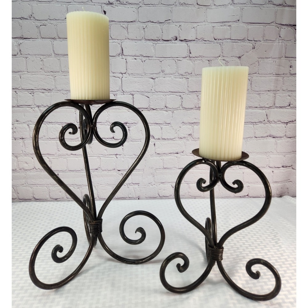 Wrought Iron Pillar Candle Holders Set Candlestick Scroll Design Rustic Vintage